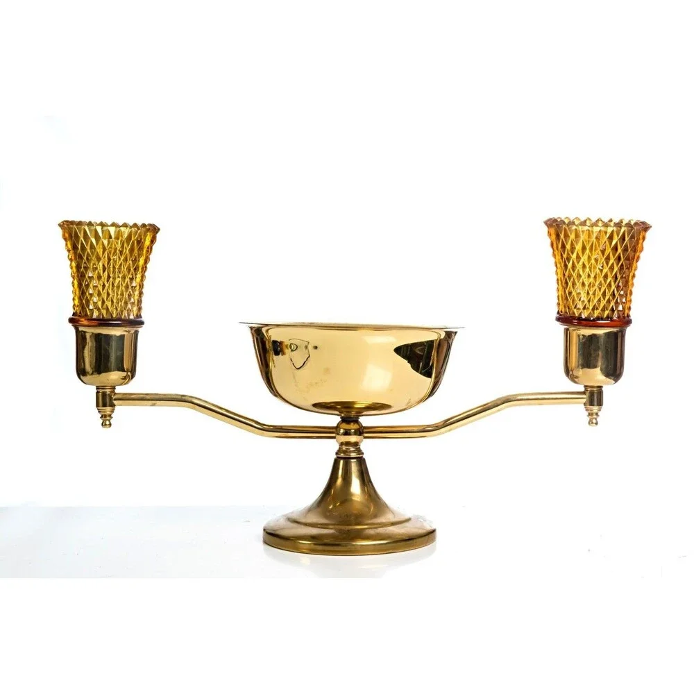Brass Double Candle Holder with Hobnail Amber Glass Votives